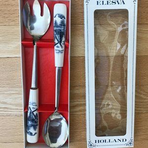 Elesva Amsterdam Holland Salad Serving Set Blue and White Handles